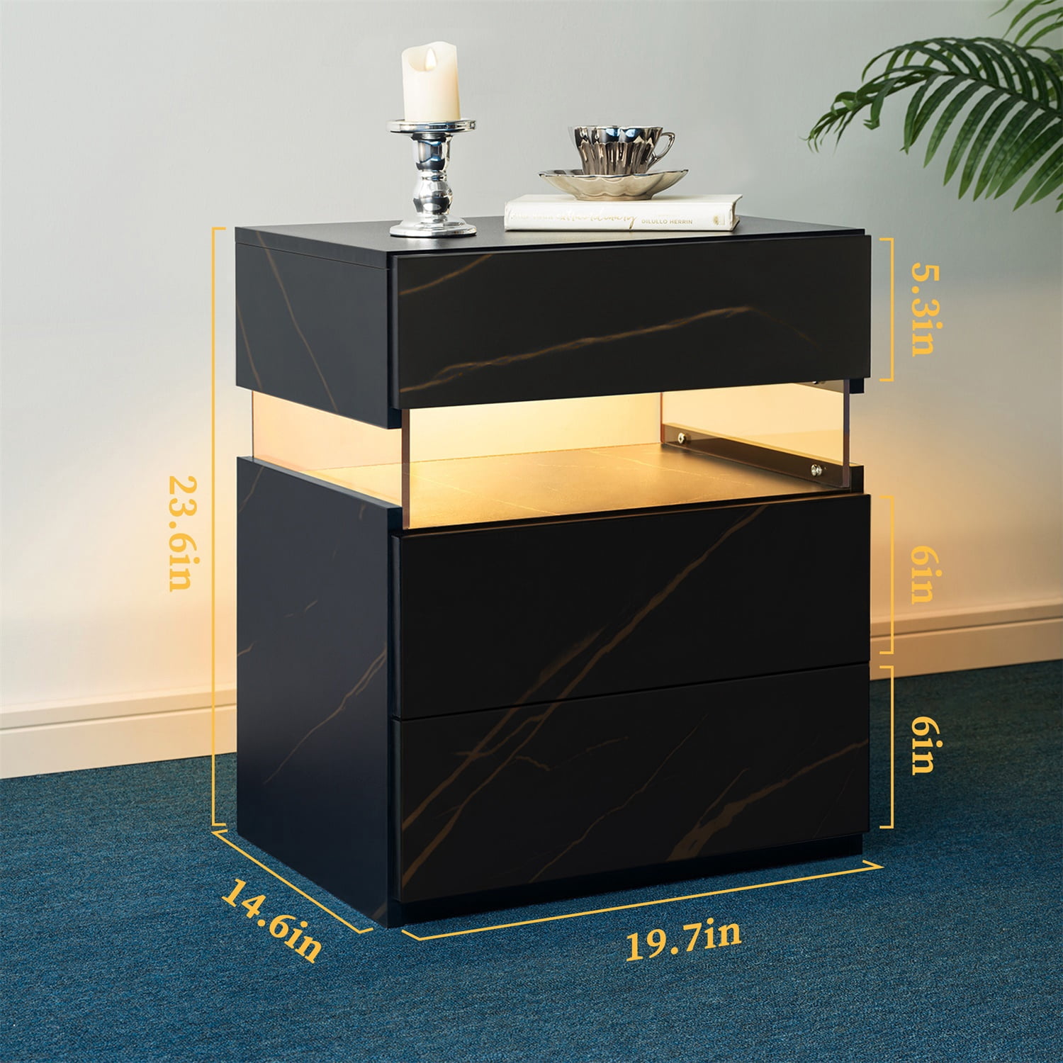 Hommoo 3 Drawer Dresser LED Nightstands, End Table Bedside Tables for Bedroom, Living Room, Black Gold