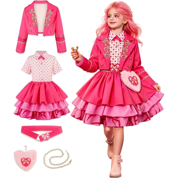 Halloween Pink Princess Costume Set for G'irls - Contains Coat, Dress, Waist Belt, Heart Bag & Chain Outfit for Cosplay, Halloween Christmas Birthday Cosplay Parties, 100 | 2-3Y