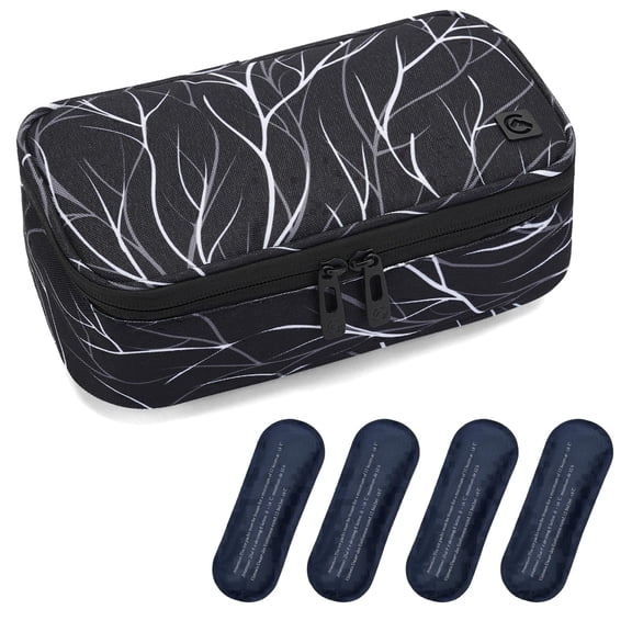 Insulin Cooler Travel Case, Large Tsa Approved Medication Organizer Bag, 4 Ice Packs, Black White, 9”x4.7”x3.14”