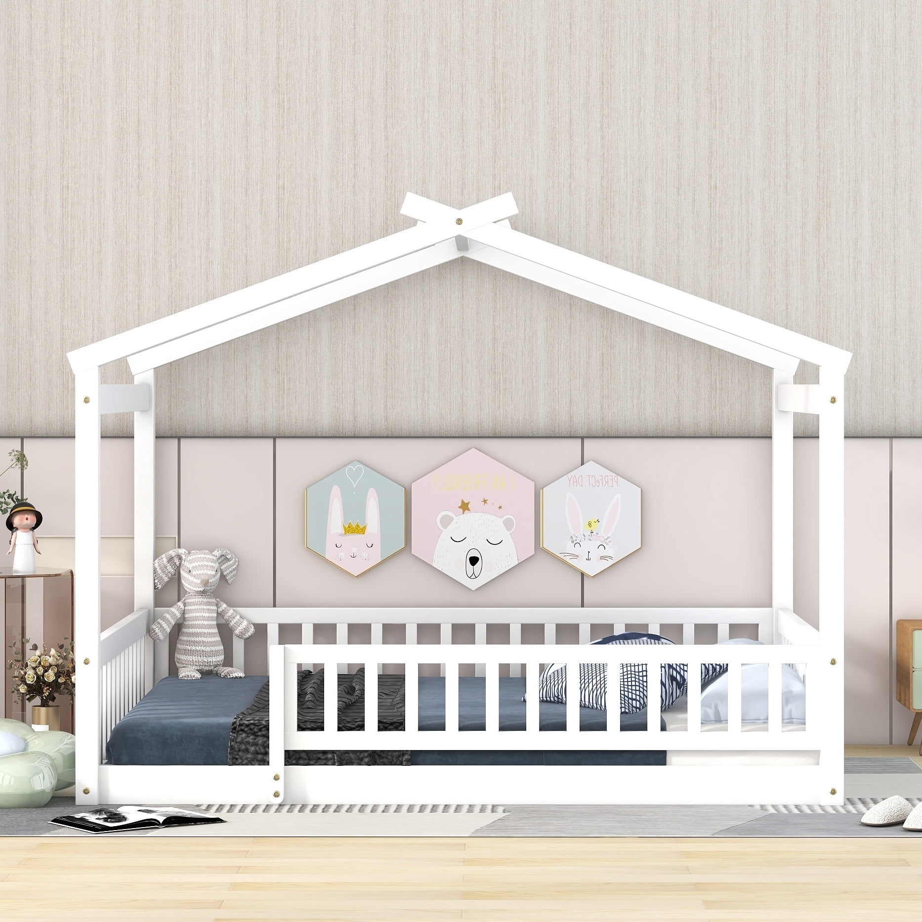Bellemave Full Size House Floor Bed for Kids, Wooden Montessori Full Bed with Fence Railings and Support Slats, No Box Spring Needed (White)