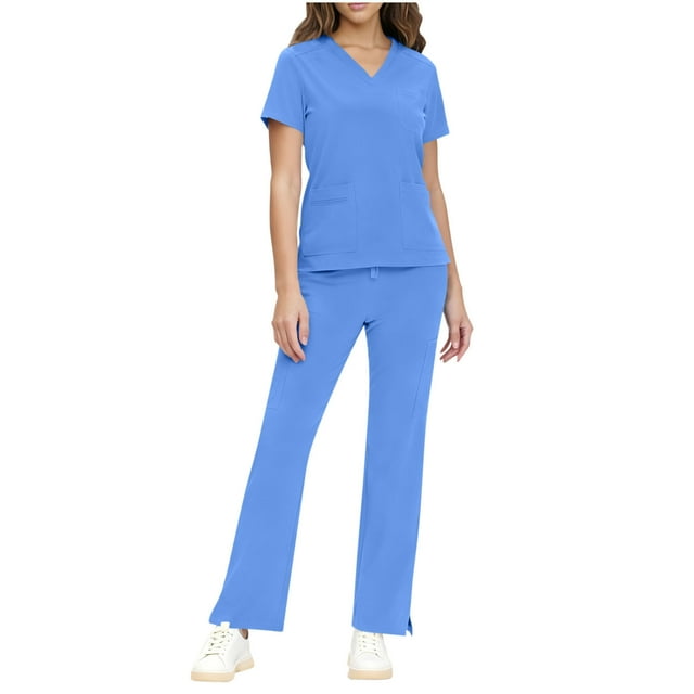 RXMEKW Robe à Manches Courtes pour Femmes, Ensemble d'Uniforme d'Infirmière Confortable avec Col en V et Poches