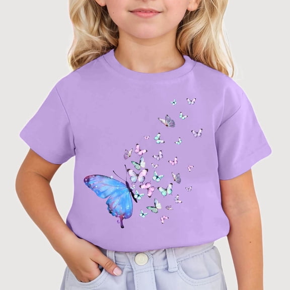 Gyujnb Butterfly Print Round Neck Short Sleeves Casual T Shirt (Girls),10-11 Years