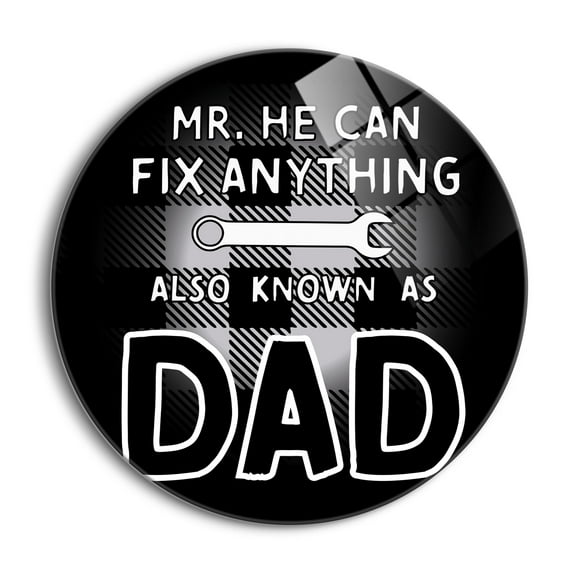 Mr. Fix Anything Dad Black Plaid Wrench 24 inch Glass Round Wall Hanging Sign