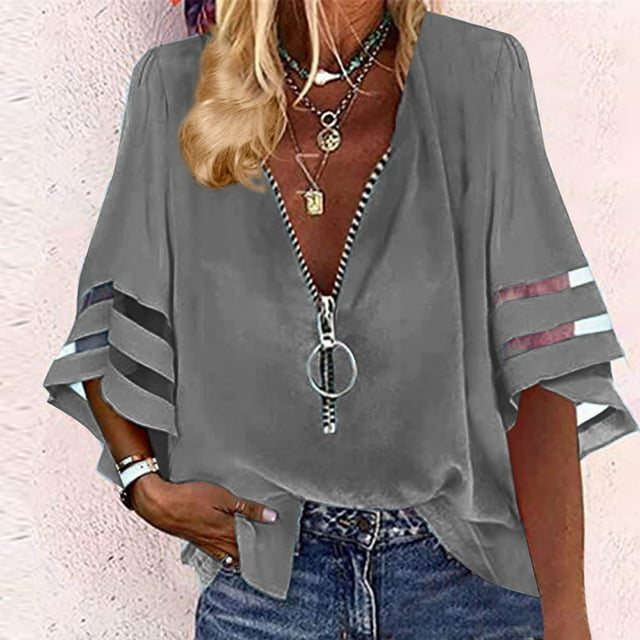 mfyjkho Tops De Tallas Grandes, Blusas Casuales De Color Liso Con Cuello En V Y Cremallera Para Mujer Tops De Tallas Grandes L