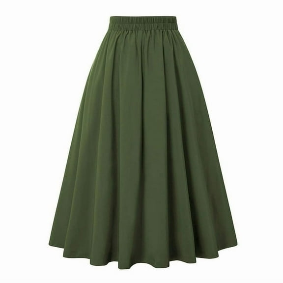 Women Casual Midi Skirt Vintage Button Elastic High Waisted Pleated A-Line Skirts