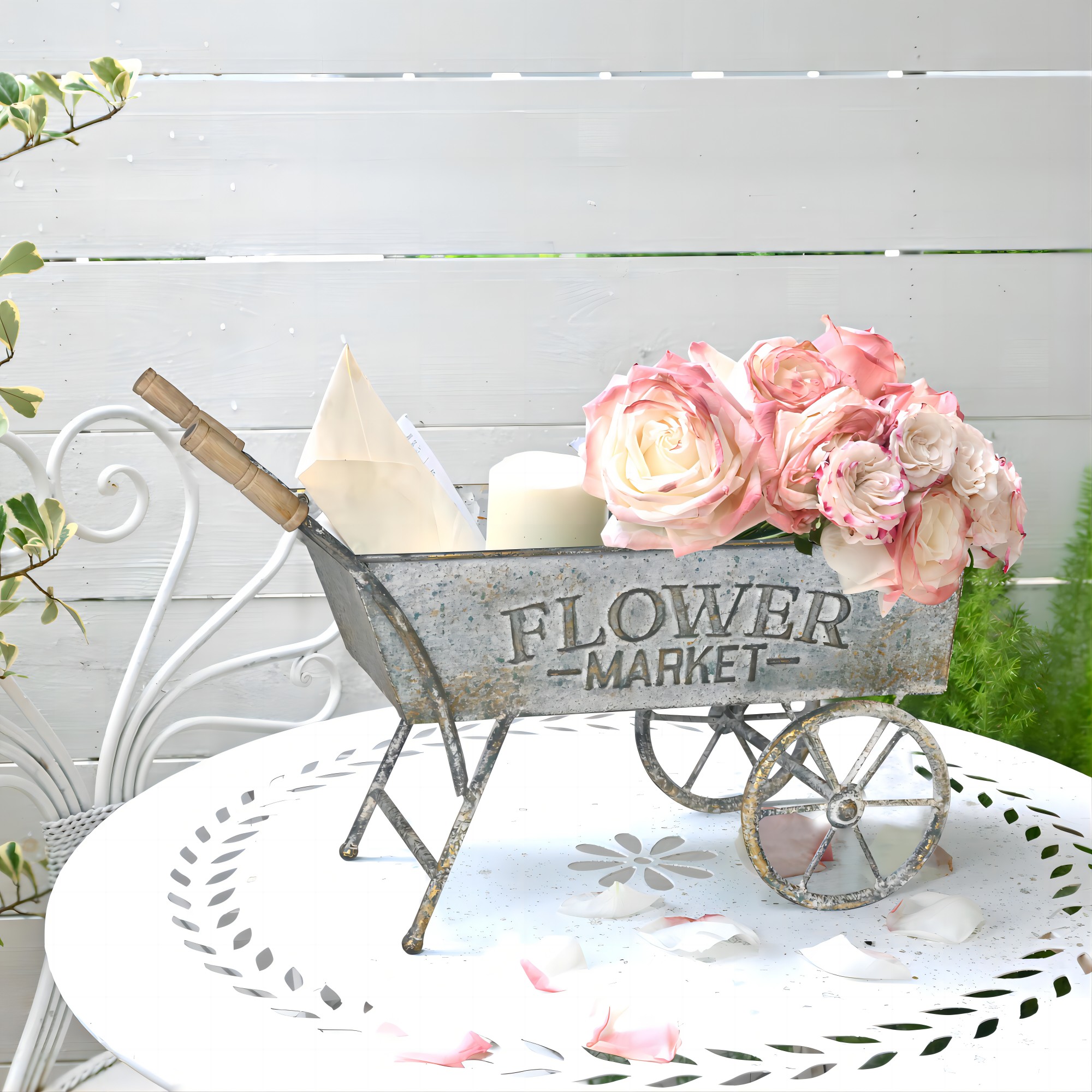 Vintage Metal Wheelbarrow Planter Cart, Small Flower Pot Holder for Indoor Outdoor Use, Rustic Farmhouse Garden Decor for Patio, Tabletop, Home Market Decor