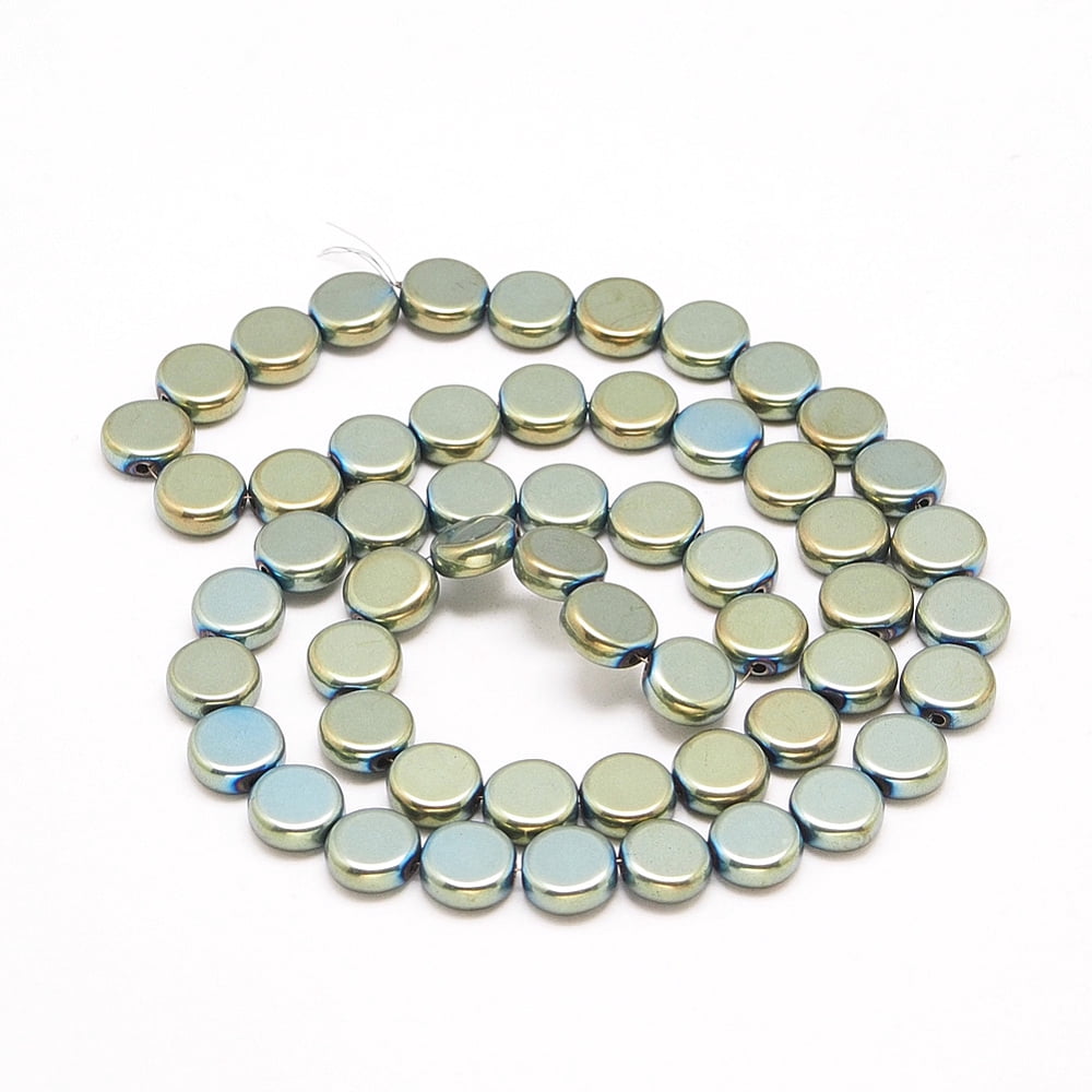 Electroplate Non-magnetic Hematite Beads Strands Flat Round Green Plated 8x3mm Hole: 0.5mm 56pcs/strand 16.1 inch