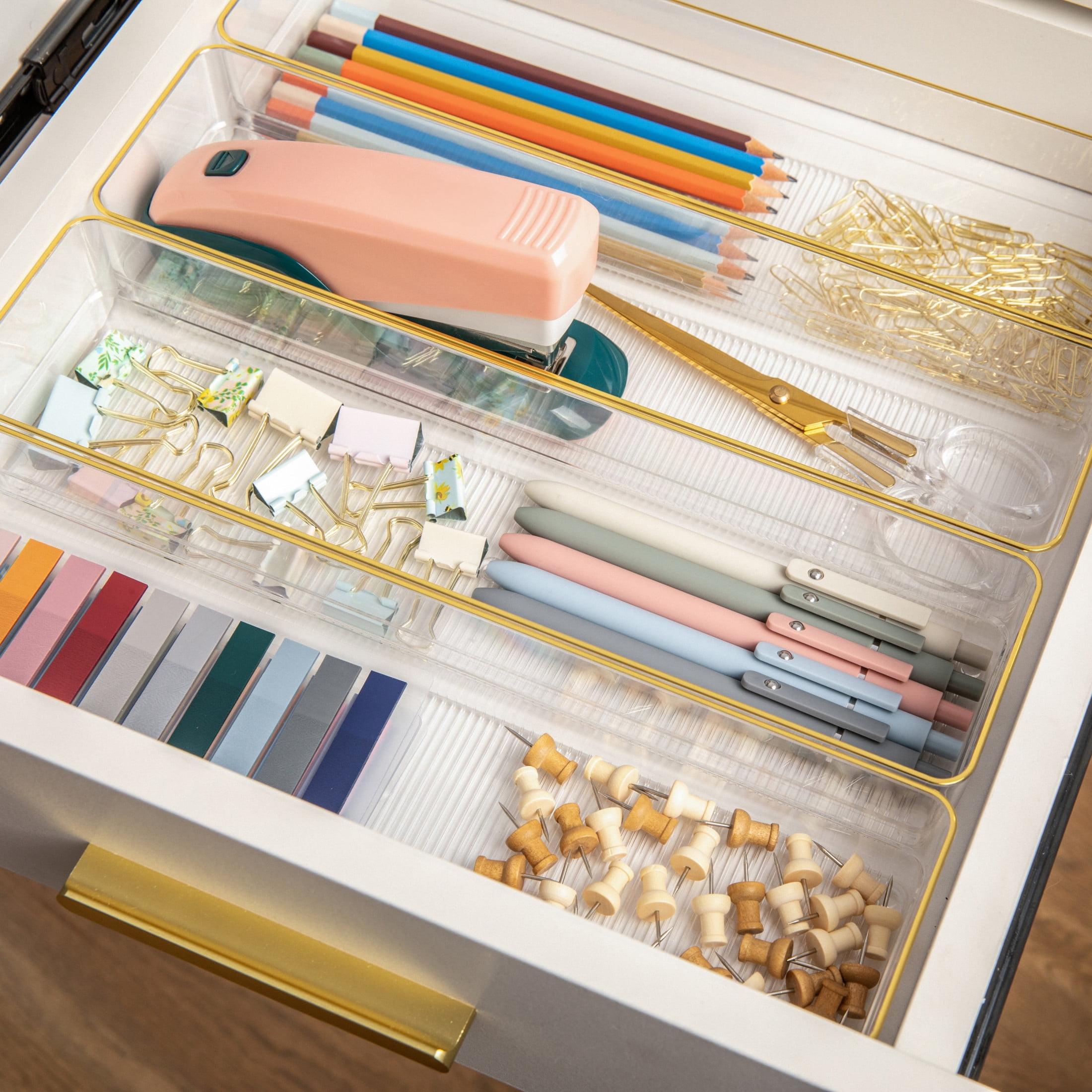 Martha Stewart Kerry 8 Pack Plastic Stackable Office Desk Drawer Organizers with Gold Trim, 9" x 3"