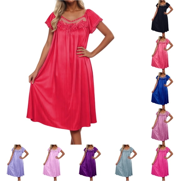 LIIPEE Womens Summer Nightgown Casual Short Sleeve Lace Sleep Dress Ladies Cozy Sleepwear