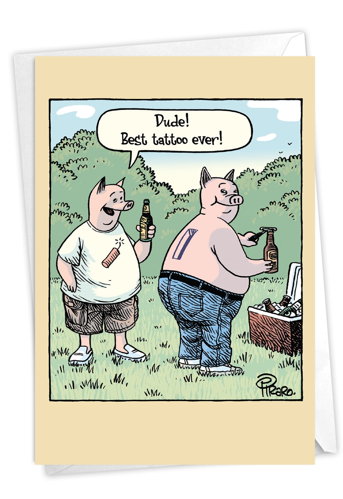 Funny Happy Birthday Card for Men - Pig Cartoon BBQ, Greeting Notecard
