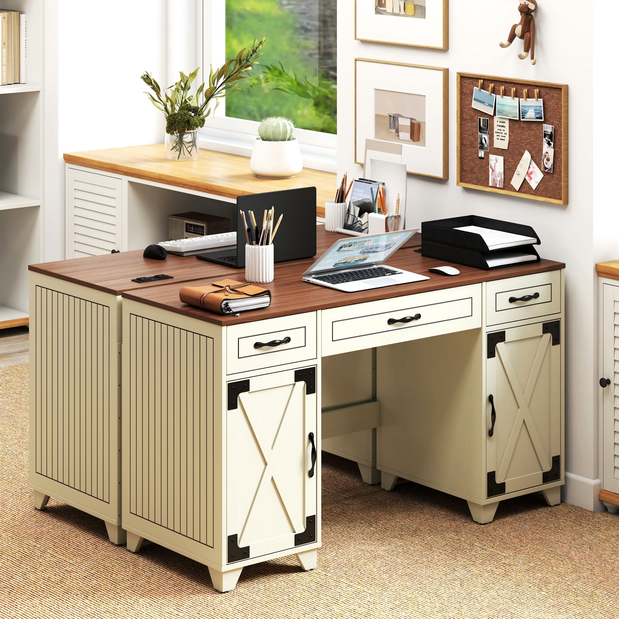 Manora Executive Desk with File Drawers and Cabinets Storage, 53'' Farmhouse Desk Modern for Adult Home Office, Rustic White&Brown Finish