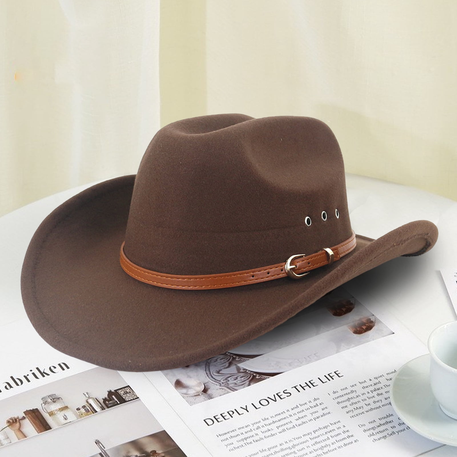 rygai Ethnic Style Wide Brim Hemming Faux Leather Belt Decor Jazz Hat Western Cowboy Cowgirl Fedora Hat Fashion Accessories,Khaki