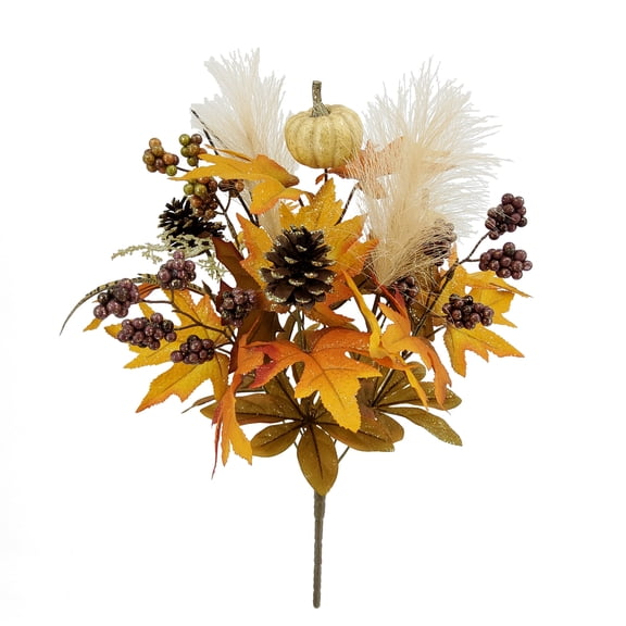 Mainstays 18.5in Indoor Artificial Foliage Bouquet, Cream Pampas, Yellow Oak Leaves, Berries.