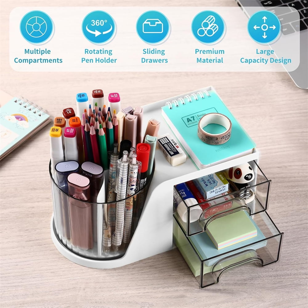 Duslogis Desk Organizer with 2 Drawer, 360°Rotating Pen Holder for Desk, Desk Organizers and Accessories with 6 Slots Pencil Organizer, Art Supply Storage Box Caddy for Office (White)