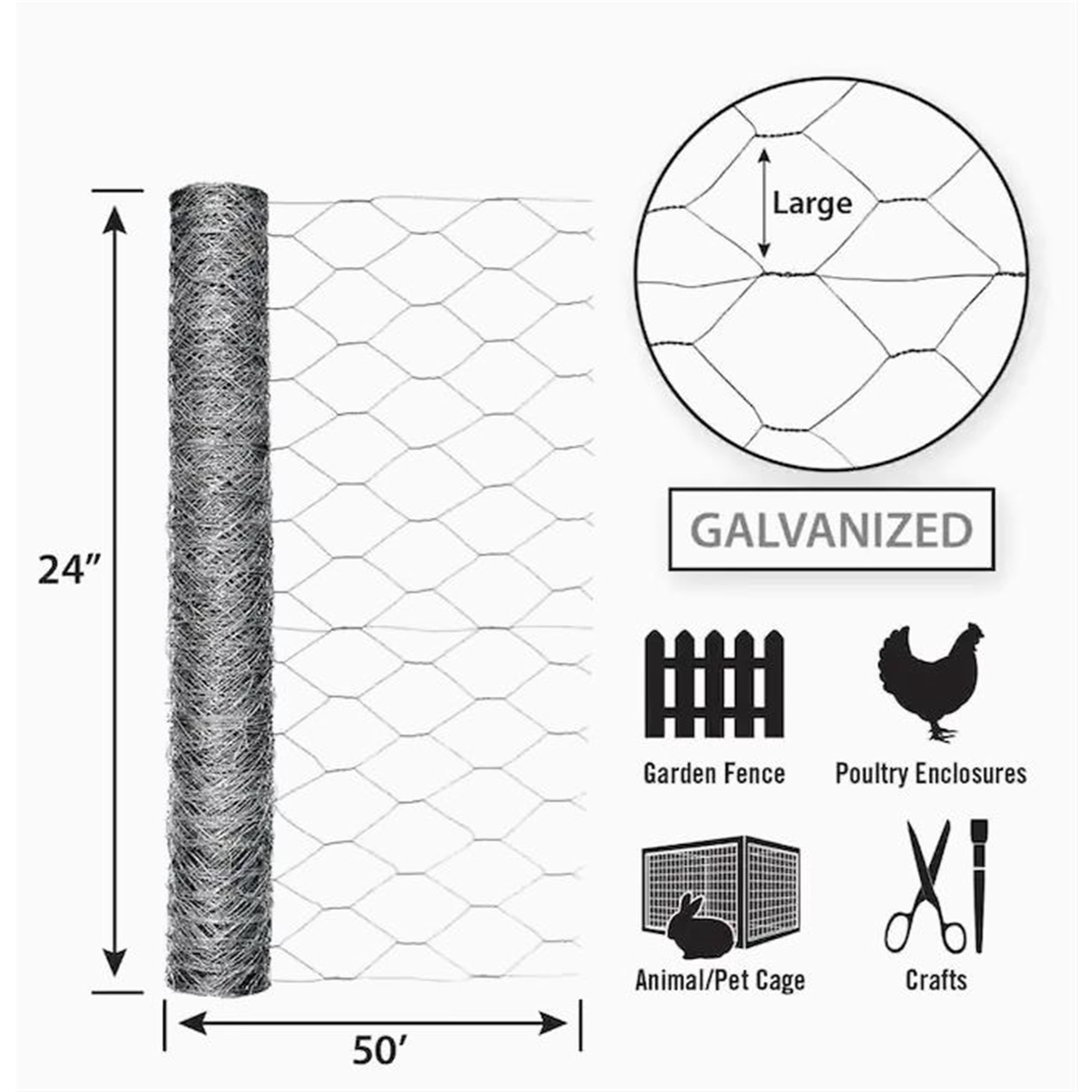 Garden Zone 2' x 50' Galvanized Steel Hex Poultry Netting
