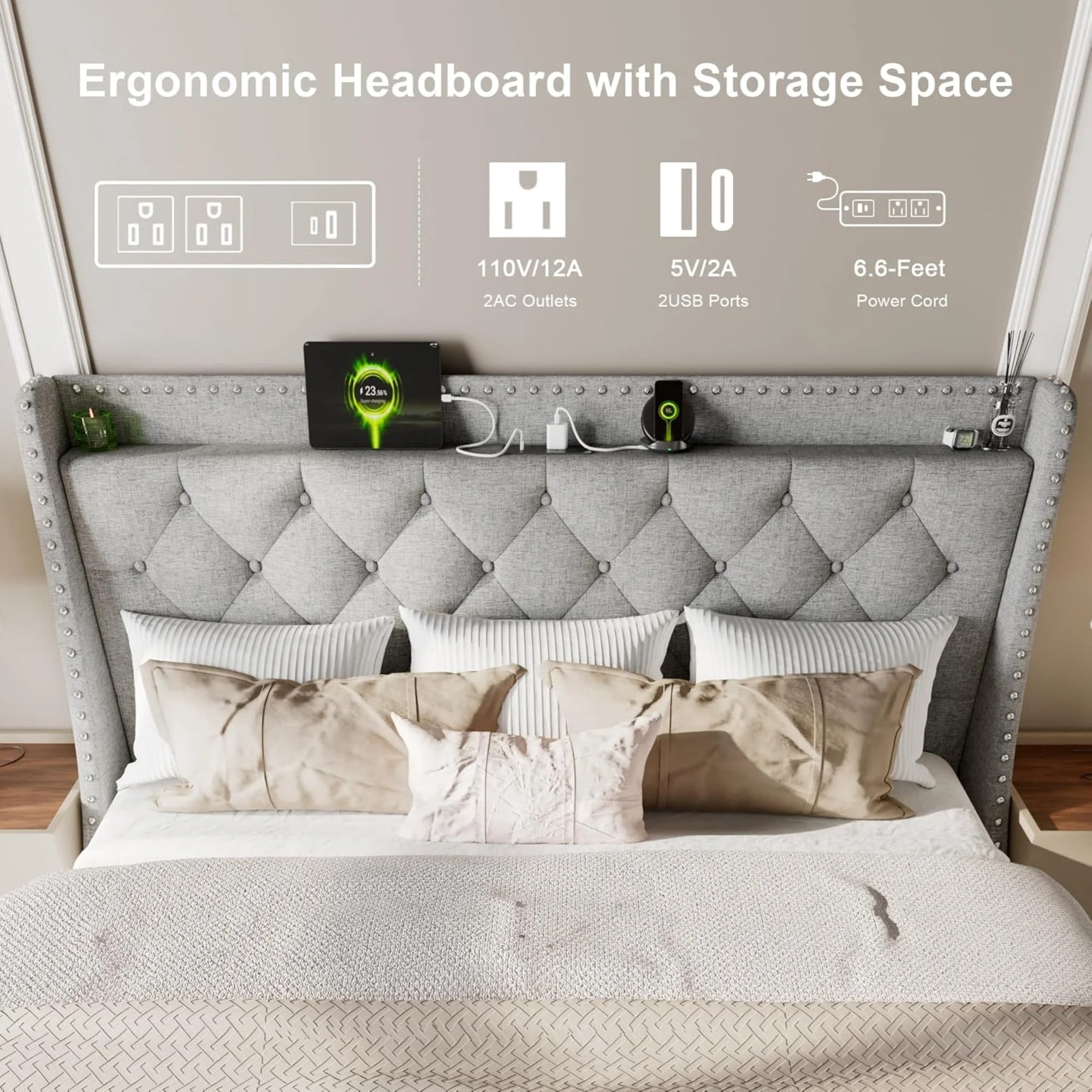 BSHTI King Size Platform Bed Frame with 16" Wingback Tufted Headboard, Built-in Charging Station (2 AC Outlets & 2 USB Ports), 12 Wood Slats, Gray