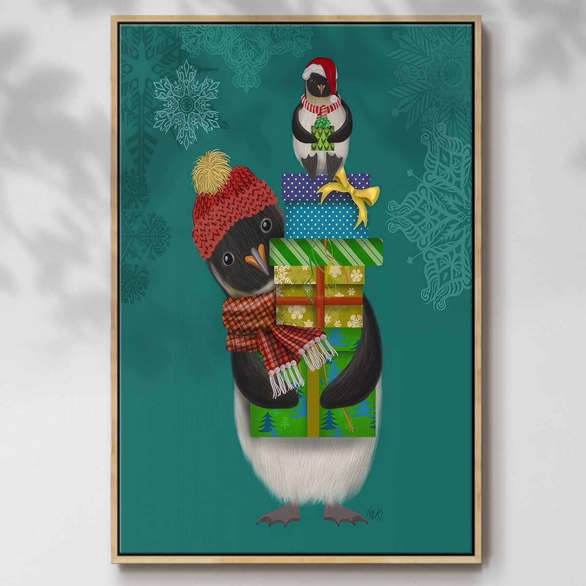 Christmas Penguin Gifts - Framed Gallery Wrapped Holiday Canvas - 27 x 41 - Natural Wood Frame