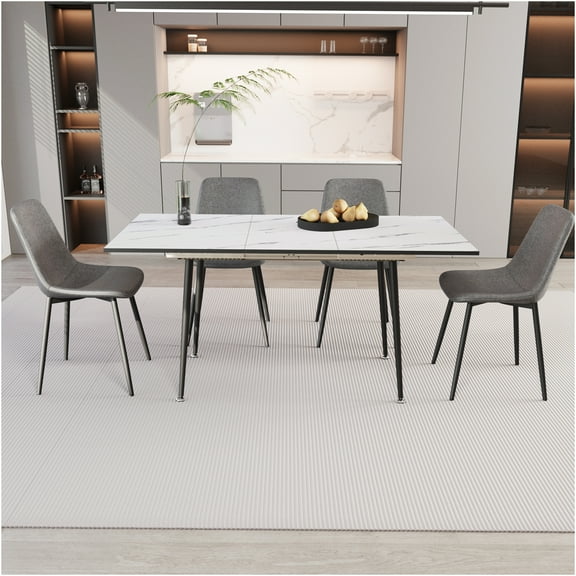 JERFIT Extendable Dining Table Set for 6 with Chairs, Modern Grey and White Kitchen Table, Space Saving MDF Desk with Metal Base, Linen Upholstered Seating