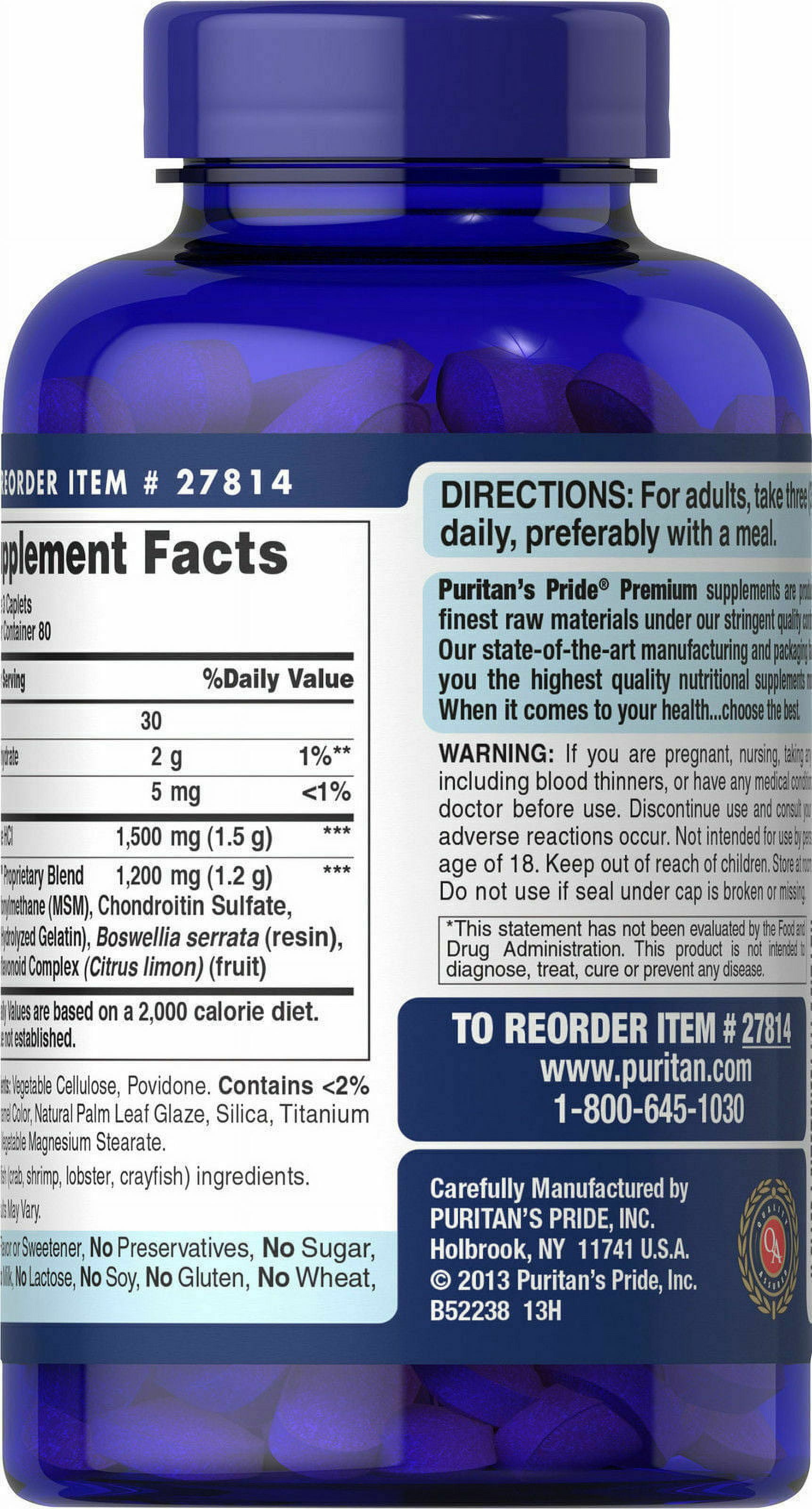 Puritans Pride Double Strength Glucosamine, Chondroitin and Msm Joint Soother, 240 Count