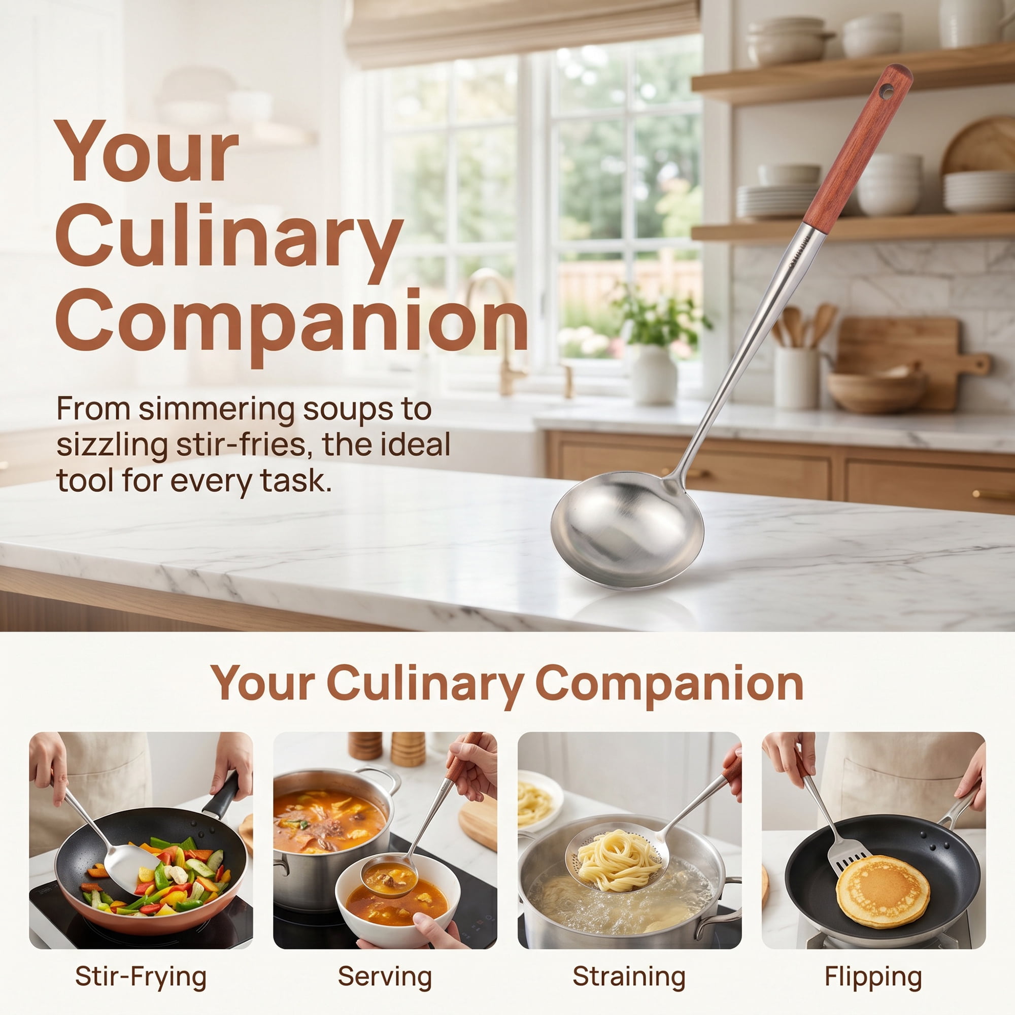 Unique Bargains Cooking Utensil Set, Stainless Steel Kitchen Gadgets Brown D 4pcs
