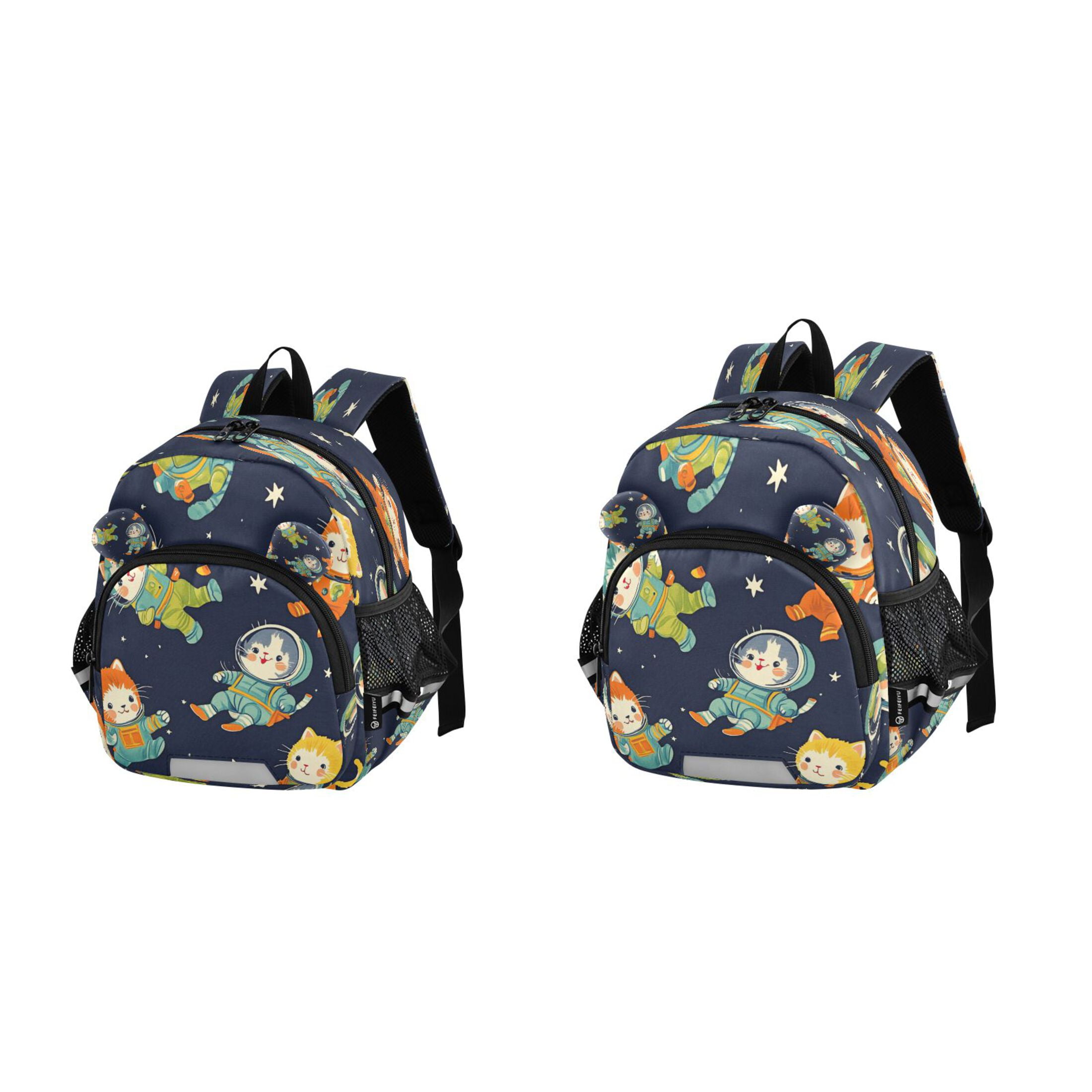 RMDQTR Adorable Ear-Print Backpack with Reflective Strip and Anti-Lost Leash Adjustable Shoulder Straps Mini Travel Backpack Cartoon Cats in Space