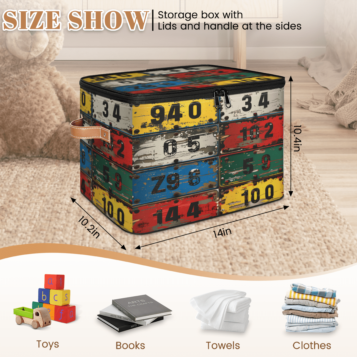 CURLYOOT Vintage License Plate Numbers Fabric Storage Bins with Lids, Foldable Storage Boxes Washable Storage Cube, Closet Bedroom Home Organizer Containers with PU Leather Handles