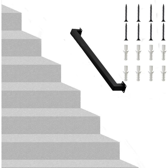 3FT Square Stair Railing Indoor, Black Wall Mount Handrail for Staircase, 440lbs Load Capacity Non-Slip Metal Handrail, Heavy-Duty Carbon Steel Grab Bar for Steps and Porch