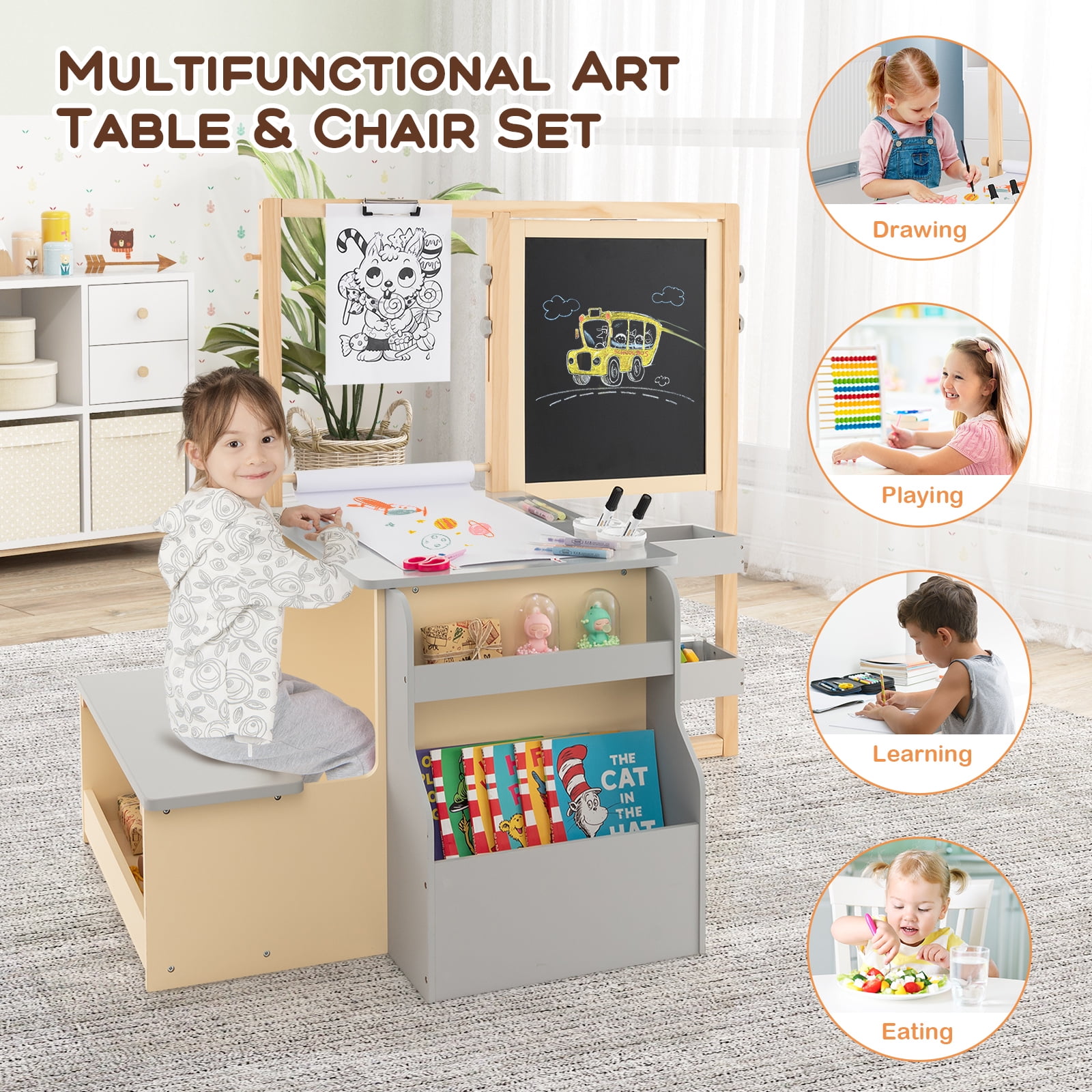 Topbuy Kids Art Easel & Table & Bench Set Multifunctional Art Center Desk with Ample Storage Adjustable Double-Sided Easel Replaceable Paper Roll Gray