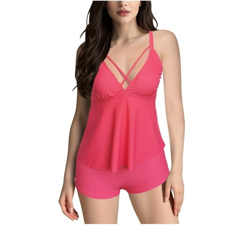 Hfyihgf 2 Piece Tankini Swimsuits for Women Tummy Control Bathing Suits Criss Cross V-Neck Flowy Swim Dress with Boyshorts(Pink XL)