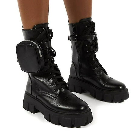

Women Combat Ankle Boots Chunky Platform Lace-up Zip Biker Shoes