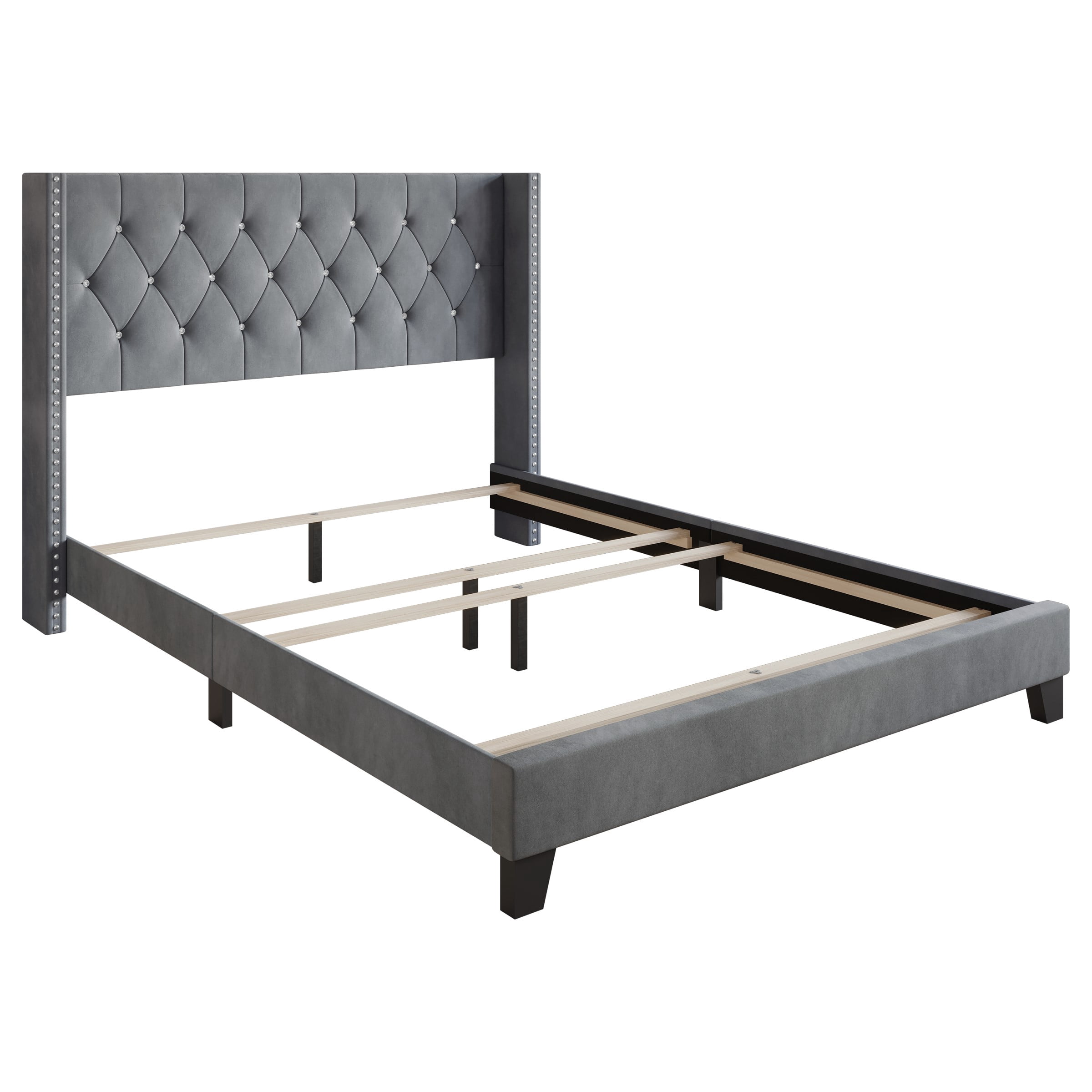 Home Design Monroe Twin Tufted Upholstered Wingback Panel Bed Frame with Diamond Tufting and Nailhead Trim for Adult Bedroom, Gray