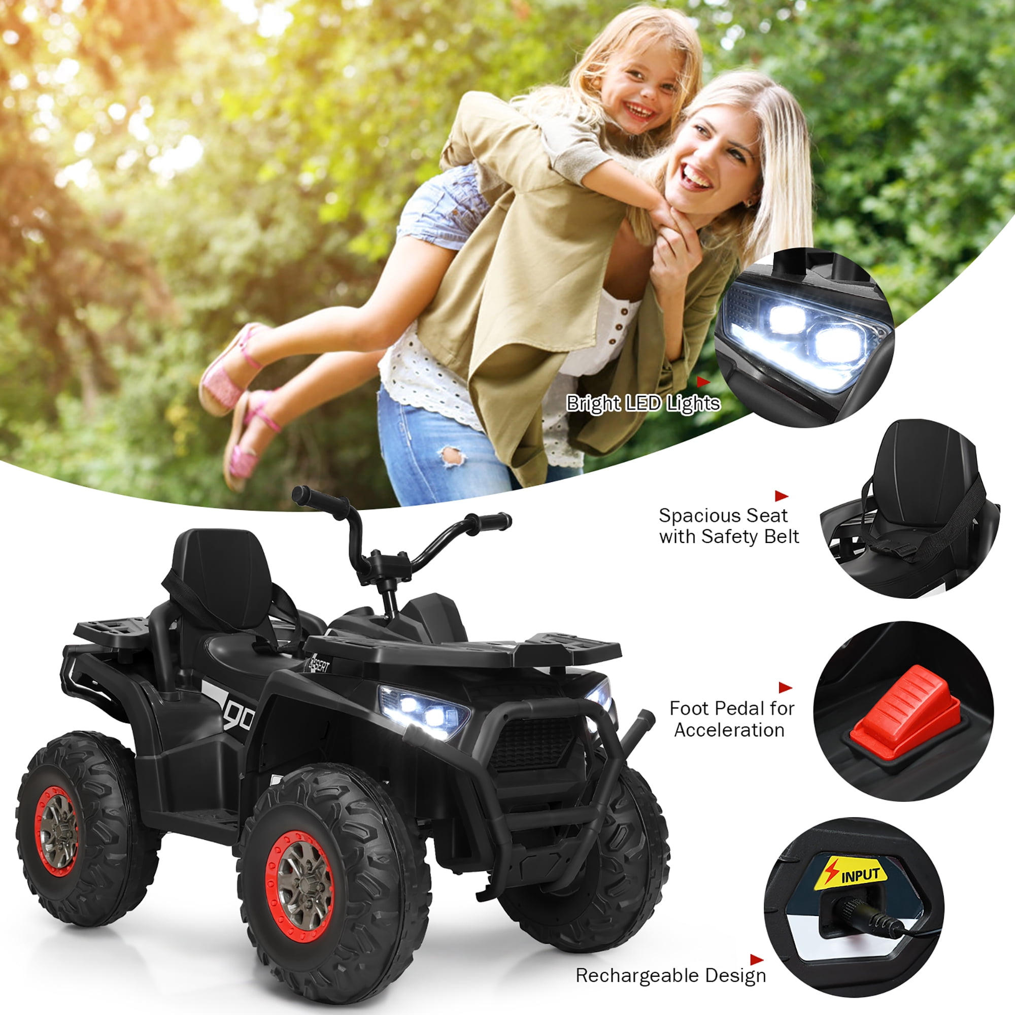 Costway 12V Kids Electric 4-Wheeler ATV Quad 2 Speeds Ride On Car w/MP3&LED Lights Black
