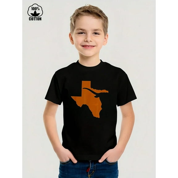Texas Map Patterned Design Iron-On Graphic Tees With 100% Cotton Fabric,Suitable For Boys And Girls,Size From 3T-13Y,Ideal Gift For Kids