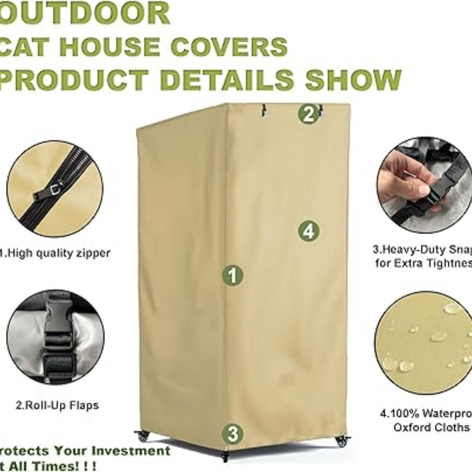 Outdoor Cat House Cover, Extremely Waterproof Feral Cattery Cat Cover, Cat Enclosure Cover, Large Cat Cage Condo/Cat House Cover - 32" L x 32" W x 71" H，Khaki (Cover only)