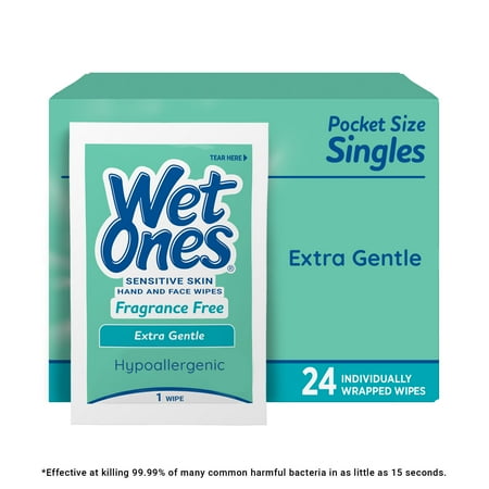 Wet Ones Sensitive Skin Hand Wipes, Fragrance Free, Unscented, 24 Ct Individually Wrapped Wipes