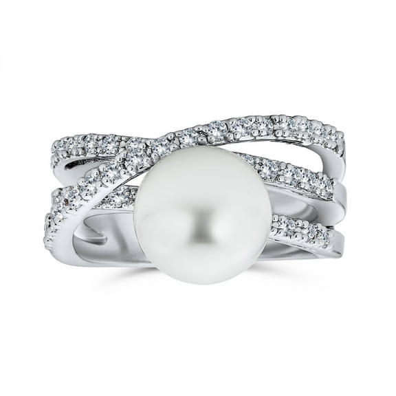 Bling Jewelry Womens White Faux Pearl Cocktail Statement Ring Pave CZ Criss Cross Band Silver Plated