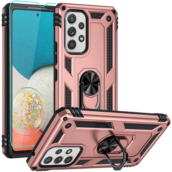 REQO for Galaxy A53 5G Case, Samsung A53 5G Case with HD Screen Protector, Military-Grade Ring Holder Kickstand Car Mount 15ft Drop Tested Shockproof Cover Phone Case for Galaxy A53 5G, Rose Gold