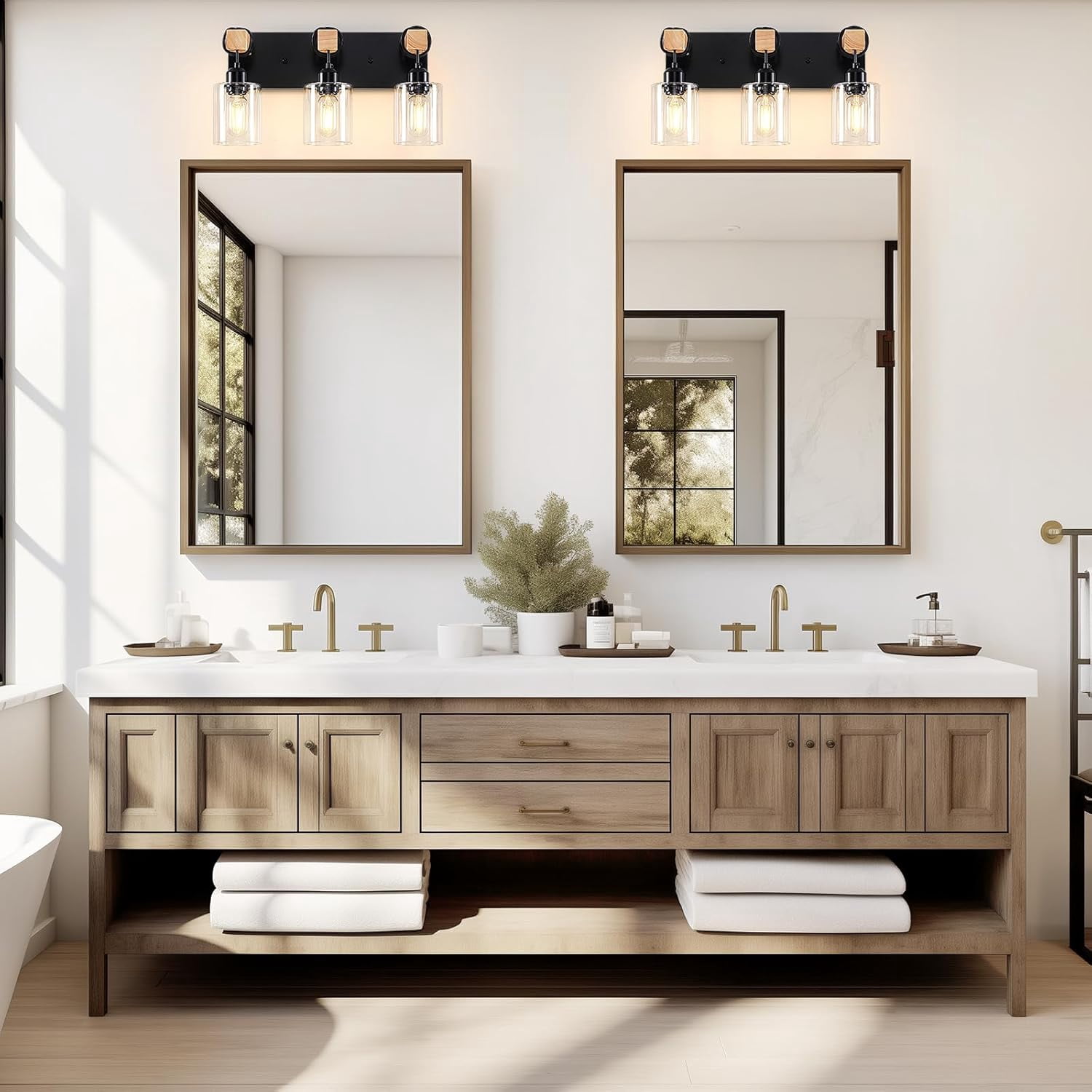 Farmhouse Bathroom Light Fixtures 3-Light Matte Black Bathroom Vanity Light Industrial Style with Clear Glass Shades Lighting Fixtures over Mirror for Bedroom, Living Room