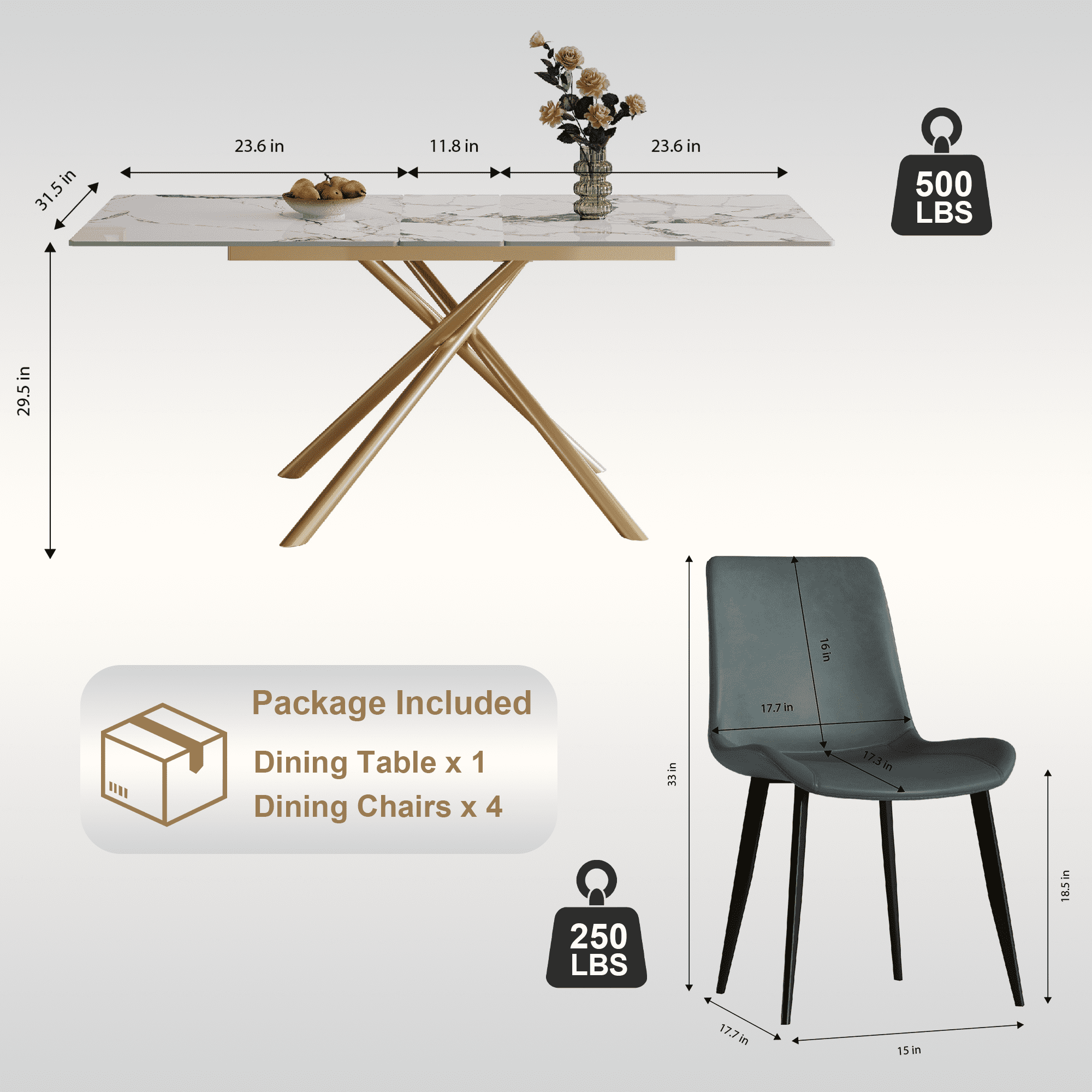 Montary 59-inch Modern Rectangle Expandable Dining Table with Retractable Leaf, Sintered Stone Top & Golden Carbon Steel X-Base, Dining Table Set with 4 Gray PU Chairs for Apartments, Kitchen