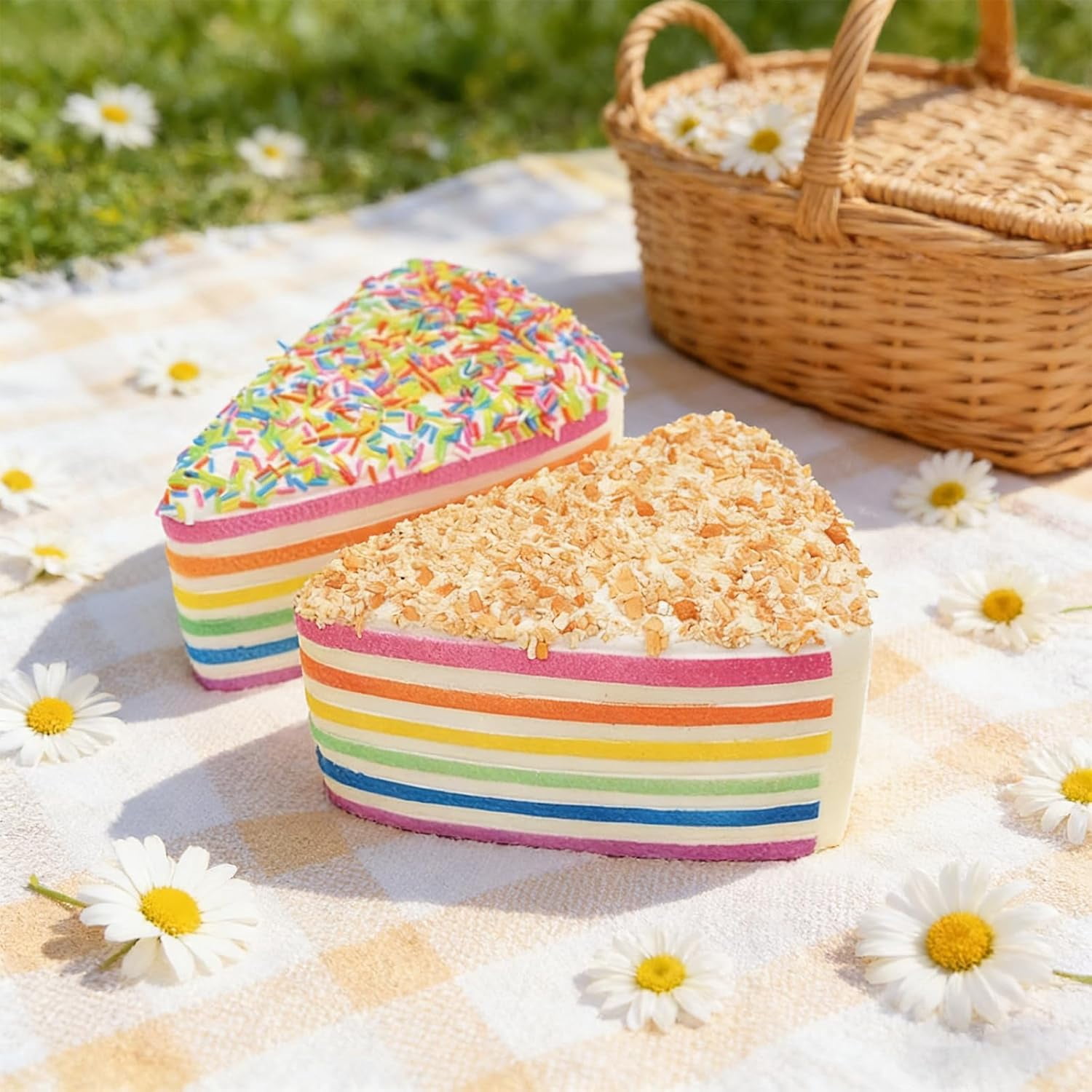 Rainbow Layer Cake Squishies, Birthday Cakes Squishy Slow Rise Toys Jumbo Fidget Squeeze, Soft Five Below Cute Food Sensory Decompression for Anxiety Stress Relief Desk Decor (2PCS A+B)