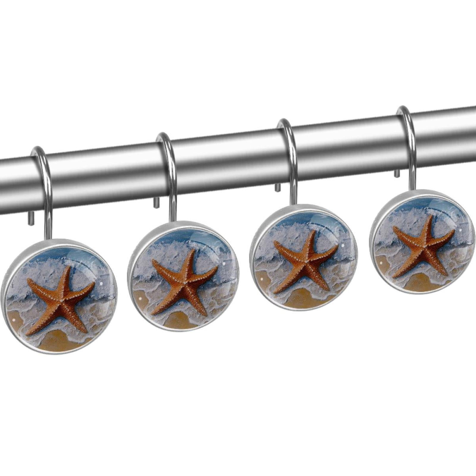 Starfish Beach Painting Shower Curtain Hooks Round Crystal Glass, Set of 12 Shower Curtain Rings - Shower Hooks for Curtain Shower Rings