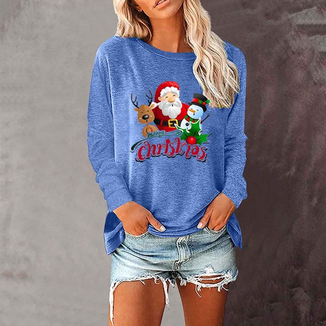 Qertyioot Sweat-Shirt d'Hiver pour Femmes Imprimé de Noël, Manches Longues Décontracté Col Rond Mode Pull