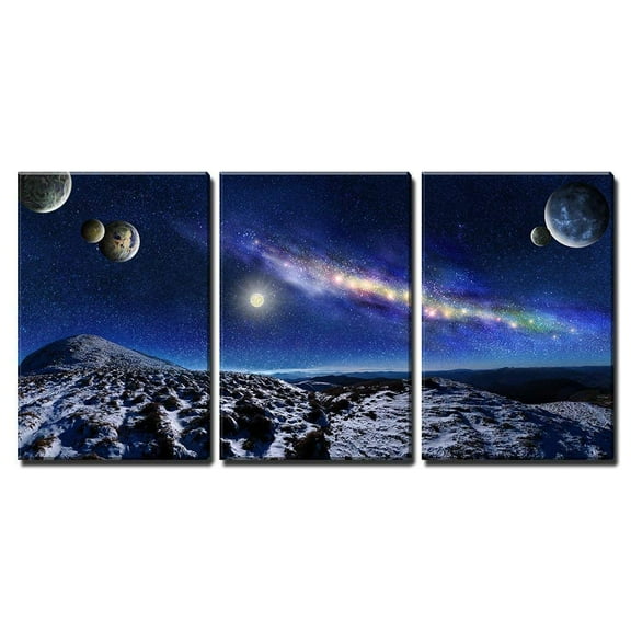 wall26 - 3 Piece Canvas Wall Art - Night Space Landscape. Milky Way Galaxy and Planets Over Mountains - Modern Home Art Stretched and Framed Ready to Hang - 16"x24"x3 Panels