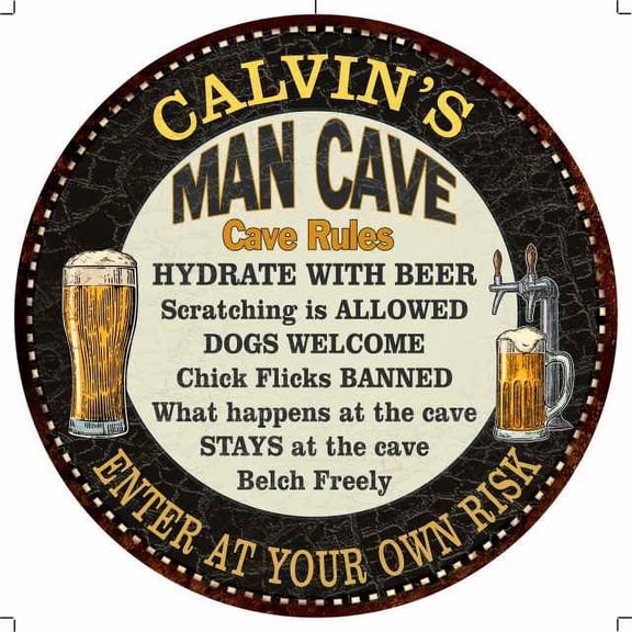 CALVIN'S Man Cave Rules 14" Round Metal Sign Garage Wall Decor 100140010253