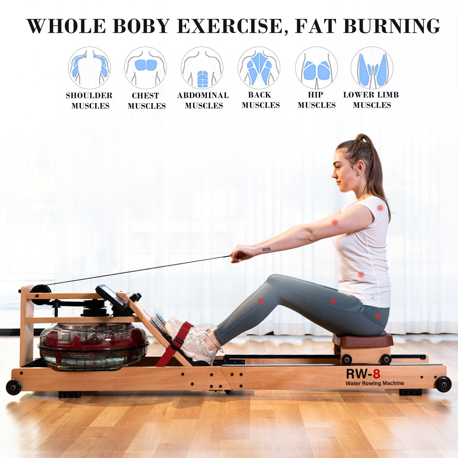 Snode Wooden Water Rower At Home Exercise Rowing Machine RW8 RW8