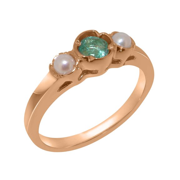 LBG British Made 14k Rose Gold Real Genuine Emerald & Cultured Pearl Womens Promise Ring - 33 size options - Size 8.25