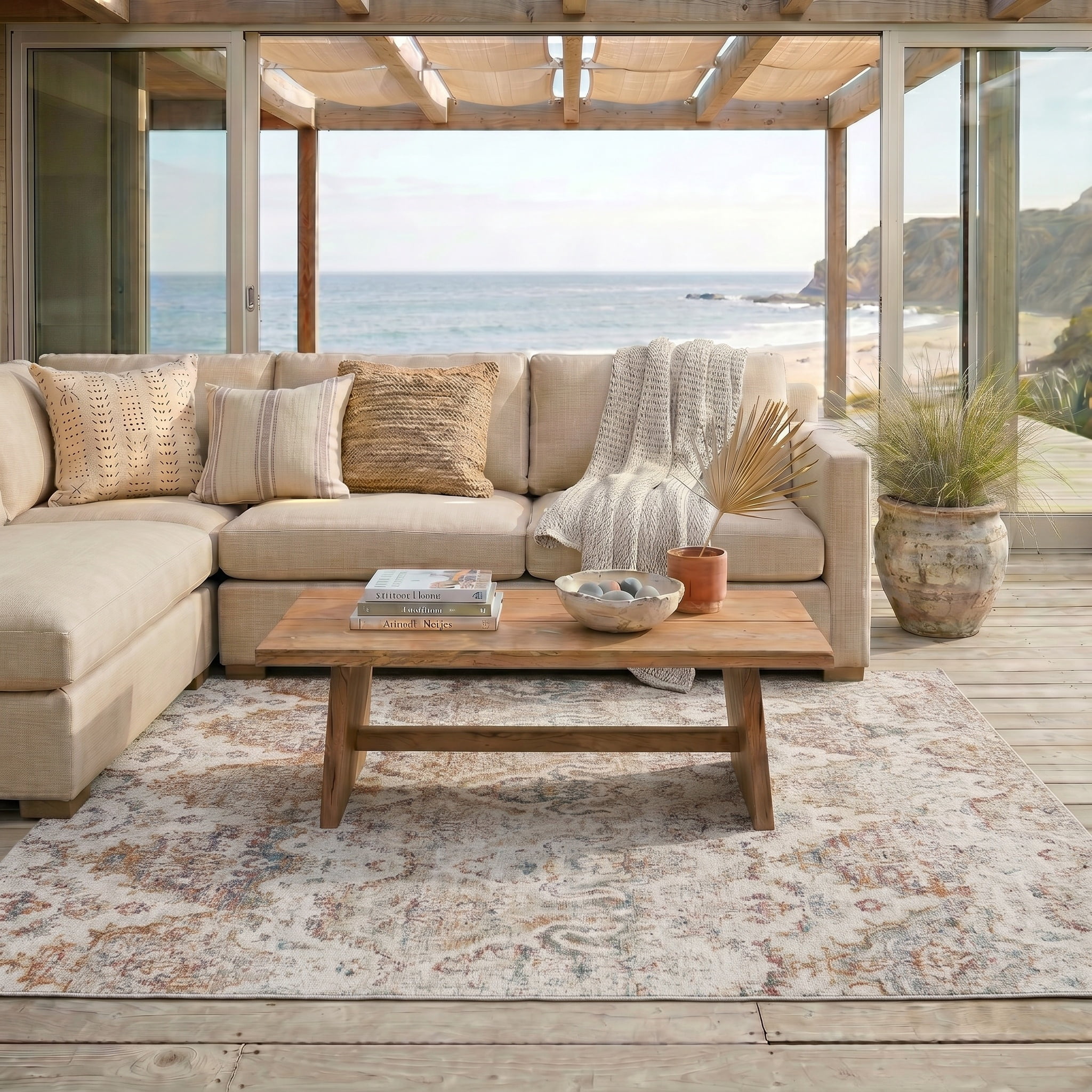 Ox Bay Blake 5'3" x 7'10" Beige/Tan Ikat Durable Performance Indoor/Outdoor Area Rug