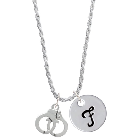 Delight Jewelry Silvertone Handcuffs Silvertone Script Initial Disc - F - Charm Necklace, 20"+3"