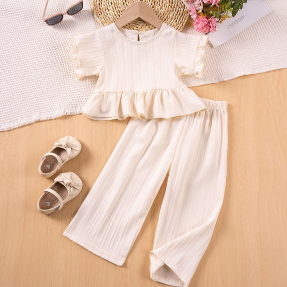 Cute Two Piece Sets for Girls Ruffle Short Sleeve Tops and Pants Outfits Toddlers Kids Lightweight Solid Color Casual Loungewear Suits Set