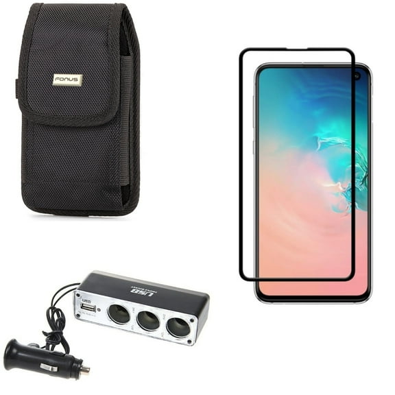 Galaxy S10e Case Belt Clip w Screen Protector w Car Charger Splitter - Swivel Holster Rugged, Tempered Glass 5D Curved Edge, DC Socket USB Port Power for Samsung Galaxy S10e Phone